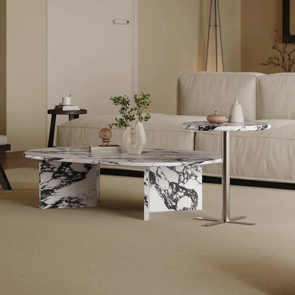 2025 طاولة قهوة من الرخام الكريمي الفرنسي، طاولة نهاية مستديرة فاخرة مصممة لغرفة المعيشة، طاولة حجرية طبيعية حديثة ​