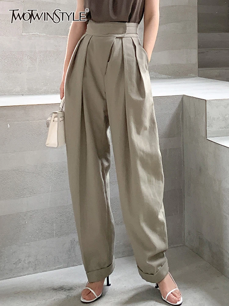 

TWOTWINSTYLE Solid Patchwork Folds Wide Leg Pant For Women High Waist Spliced Pocket Loose Casual Trouser Female Fashion Style