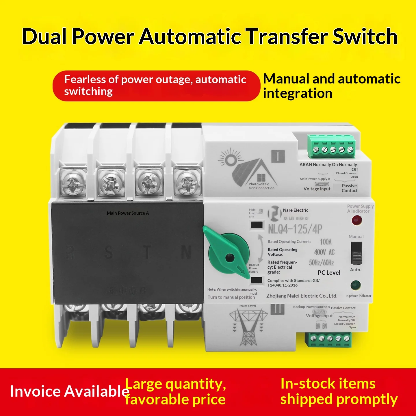

4-Pole PV-type Automatic Transfer Switch, Uninterrupted Switching for Solar Inverter, 63A/80A/100A