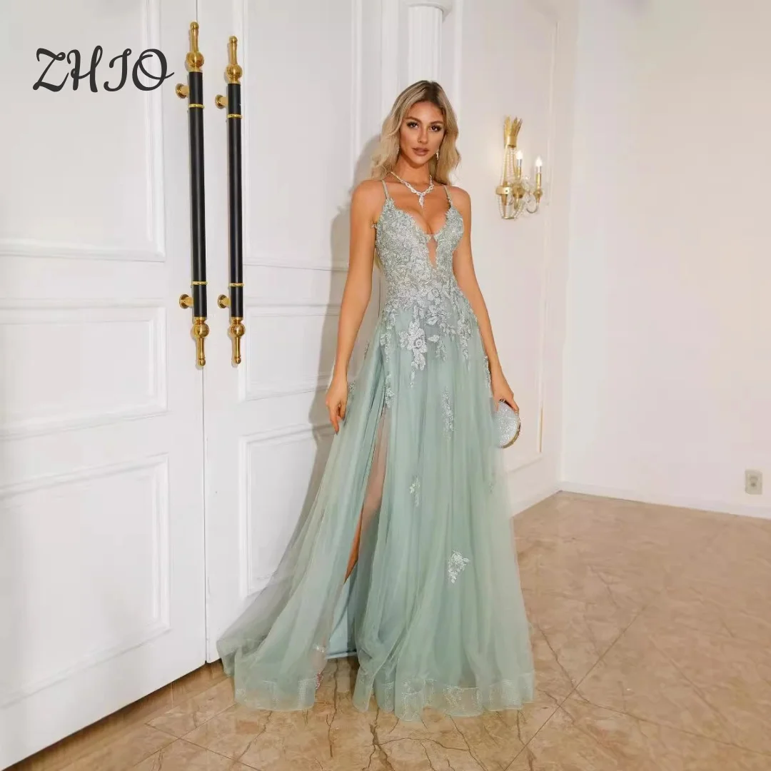 ZHIO Luxuriöses Abendkleid mit tiefem V-Ausschnitt, Applikationen, Tüll, Hochzeits- und Partykleider, Ballkleid für formelle Anlässe, Robe De Soirée, maßgeschneidert