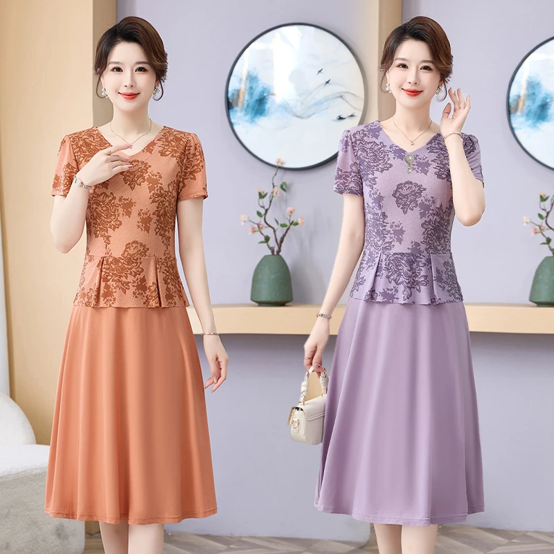 Frauen Blumen Kleid V-ausschnitt Kurzarm Spleißen Kleider Temperament Elegante Weibliche Sommer Chic Midi Robe