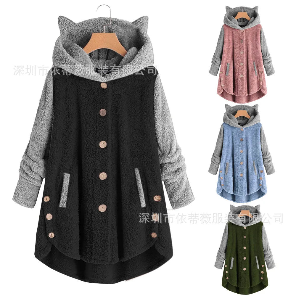 Cat Print Long Hoodies Sweatshirt Women Fleece Warm Button Pocket Pullovers Cat Ear Plus Size Hoodie Top Blouse Sweat Femme