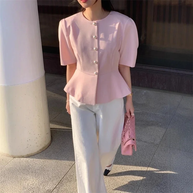 

Elegant Satin Puff Sleeve Blouse For Women Round Neck Button Down Fitted Waist Asymmetric Hem Office & Formal Wear Tops