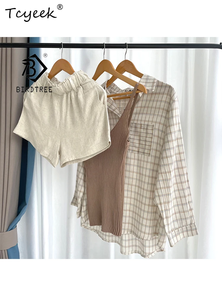 

Summer Women Three Piece Sets Casual Linen Plaid Long Sleeve Tops + Elastic Waist Belt Wide Leg Shorts Vest Suits S26801J