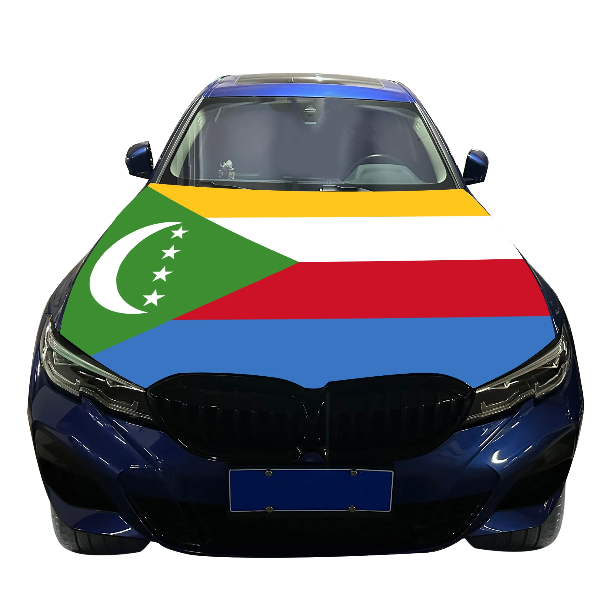 Comoros Car Hood Cover Flag  Universal Size Elastic Polyester 120x150cm for Car Decor