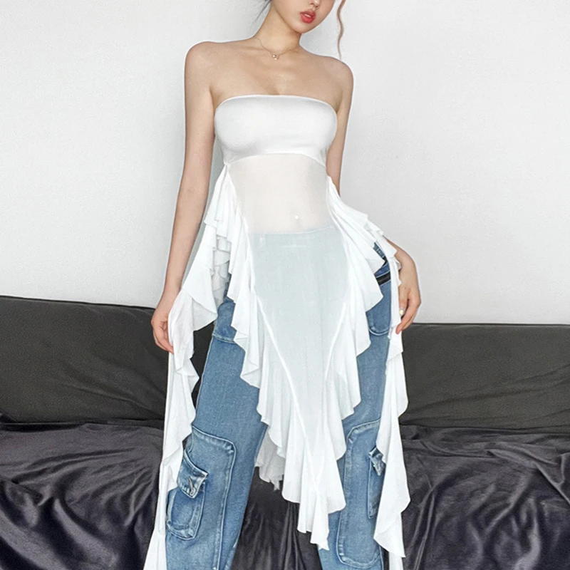 Women Irregular Tube Tops Ruffled Tassel Summer Strapless Bandeau Backless Shirts Streetwear Y2K Aesthetic Clothes