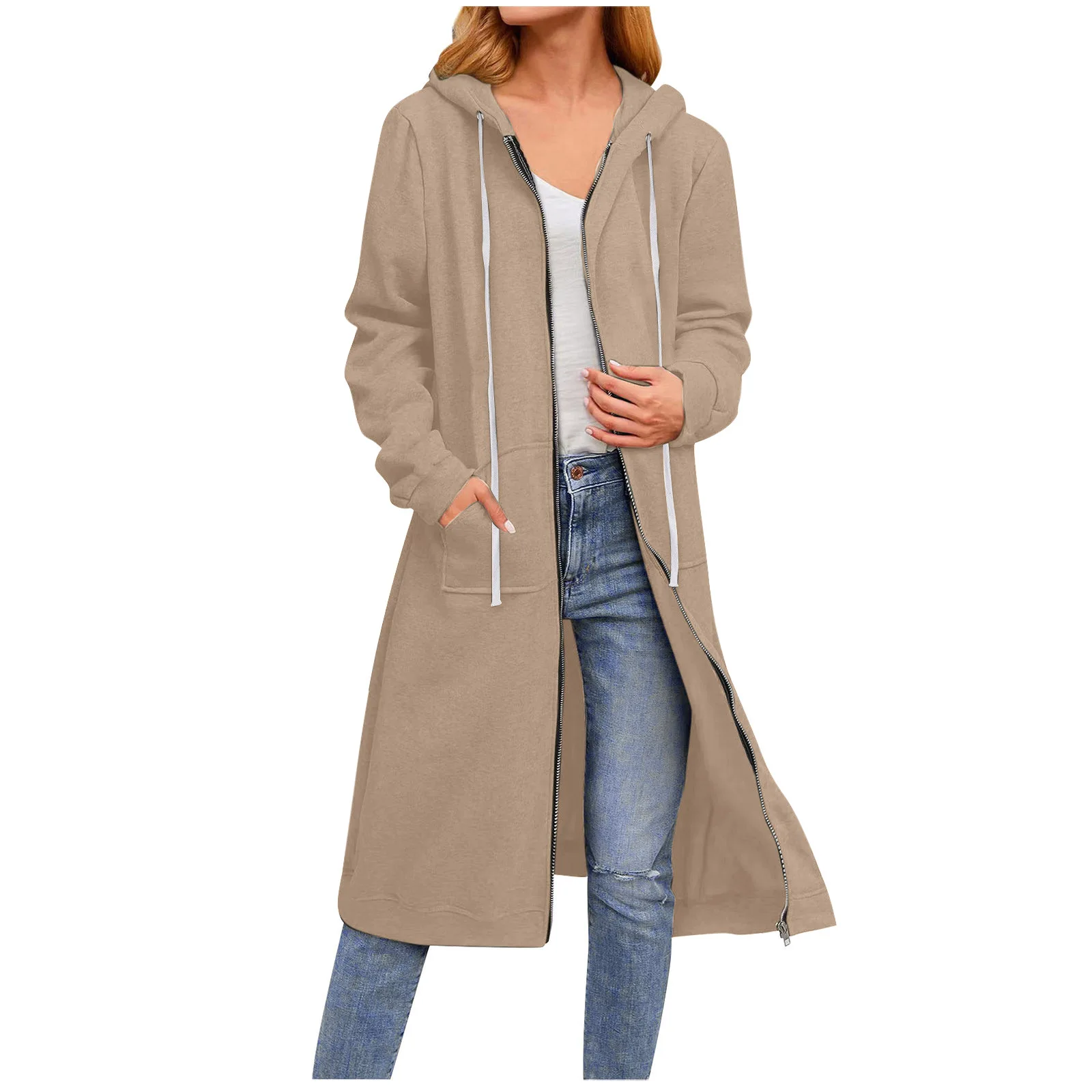 New women\'s Europe and the United States in the fall and winter new pure color loose zipper long section hooded jacket female