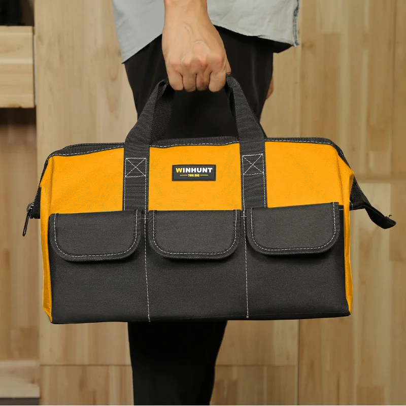 حقيبة أدوات للرجال، حقيبة أدوات شديدة التحمل، حقيبة واسعة الفم لأجهزة مختلفة، ميكانيكي نجار كهربائي (أصفر)