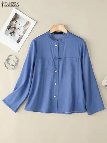 ZANZEA Denim-Like Long Sleeve Shirts Woman Autumn 2025 Vintage Mandarin Collar Button Up Patch Pockets Casual Women Shirt S-3XL