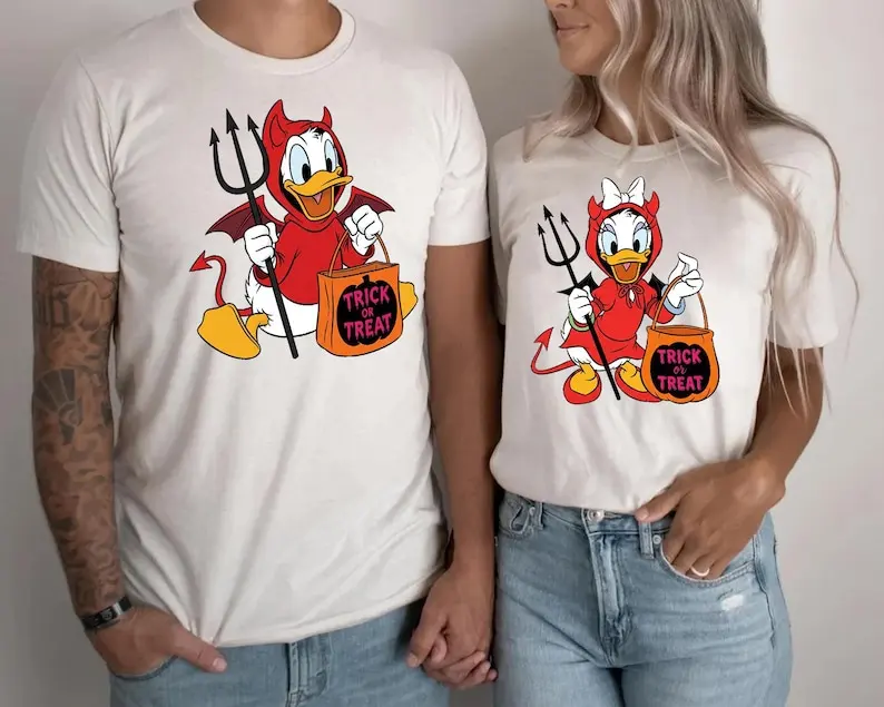 قميص دونالد داك ديزي داك للهالوين، تي شيرت ديزني للهالوين، موسم مخيف للزوجين، هدية متطابقة للخدعة أو الحلوى