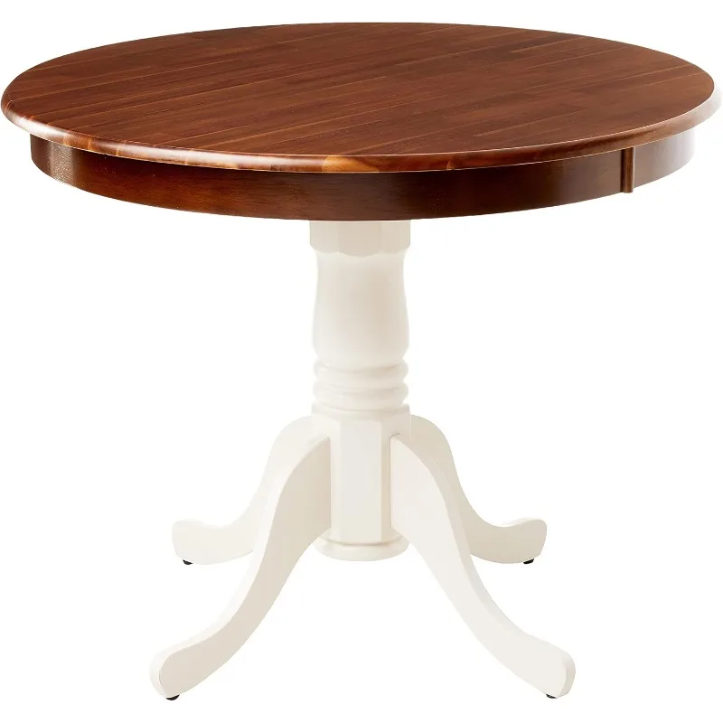 AMT-WLW-TP Antique Kitchen Dining Table - a Round Wooden Table Top with Pedestal Base, 36x36 Inch, Walnut & Linen White