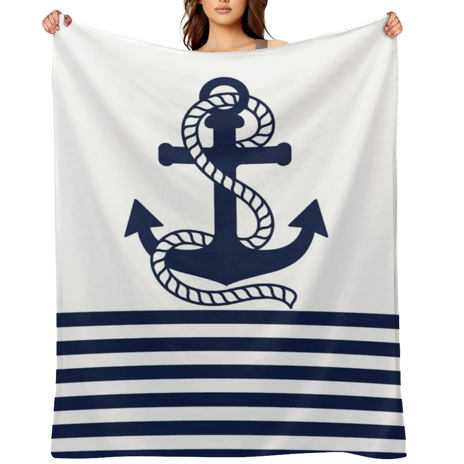 

Nautical Navy Blue Stripes and Blue Anchor Throw Blanket Loose Thermal Giant Sofa Winter beds Blankets
