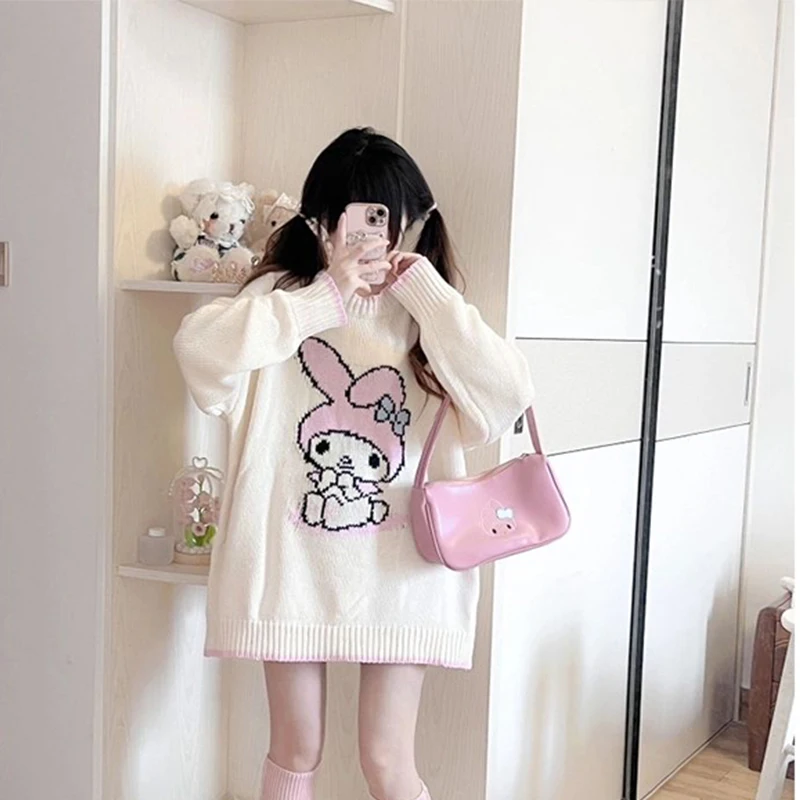 Sanrio Kawaii My Melody Anime Printed Sweater Girl Heart Cute Cartoon Anime Student Winter Loose Slim Knit Top Tide Gift for Kid