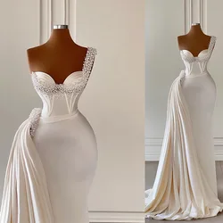 Unique Evening Dresses Sleeveless One Shoulder Sequins Appliques Satin Pearls Beaded Detachable Train Prom Dresses Custom Made