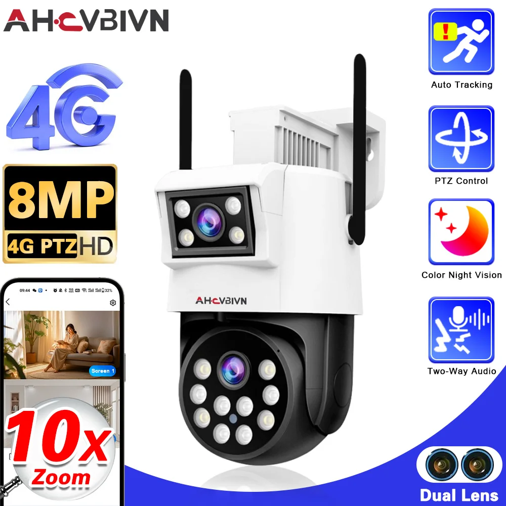 

Dual Lens 4G SIM Card IP Camera 8MP 4K Surveillance Wireless Outdoor Smart Home Auto Tracking 10X Zoom PTZ Control CCTV Camara