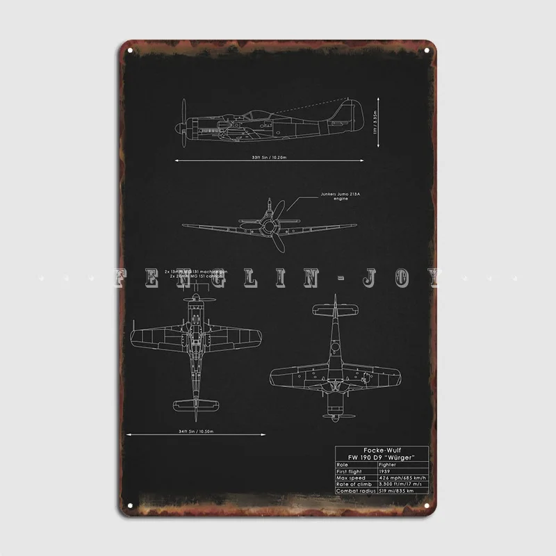 Fw190 Blueprint Metal Plaque Poster Wall Mural Club Bar Custom Wall Plaque Tin Sign Poster