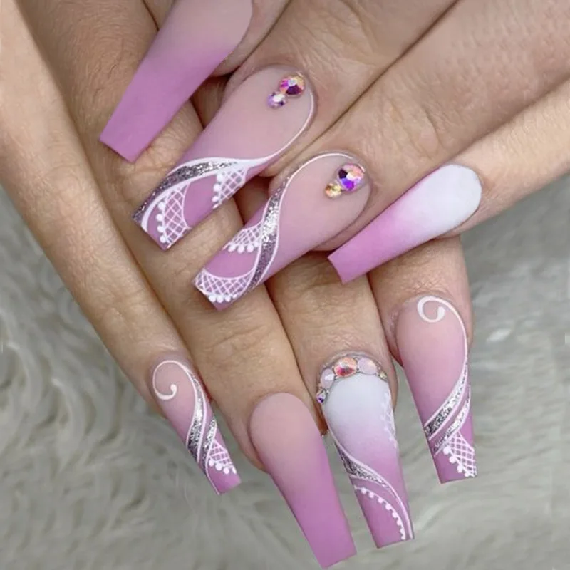 

3D long fake nails accessories Vintage Bohemian style purple nude french coffin tips faux ongles press on false nail supplies