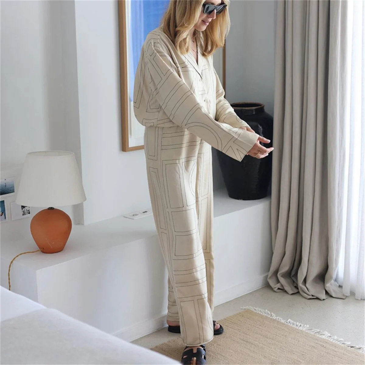 Fashion Letter Printing Pants Suit Loose Turn Down Collar Shirts Wide Leg Pant Sets 2024 Casual Autumn Summer 2 Piece Set New In