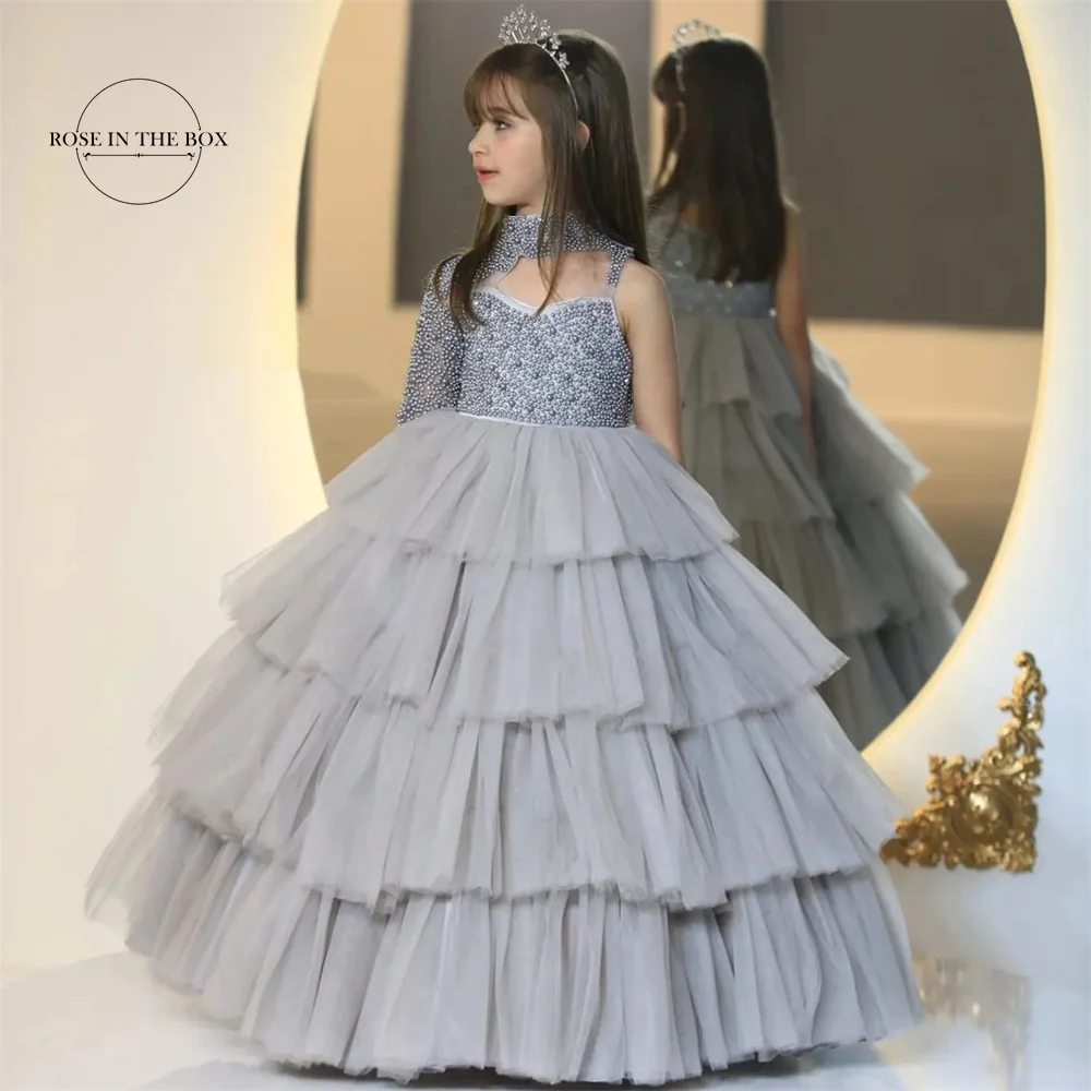 Childen's Princess Flower Girl Dresses Pearl Beads Evening Party Layered Fluffy Skirt Ball Gown Communion Kid Toddler Tutu