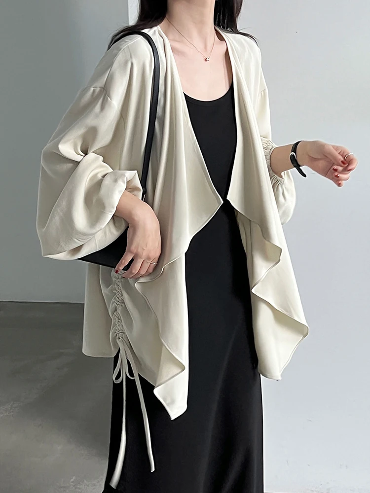 Women Apricot Drawstring Big Size Irregular Trench New V-neck Long Sleeve Windbreaker Fashion Spring Autumn