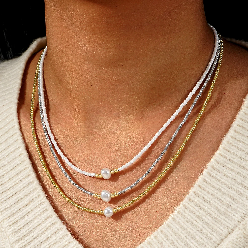 

Go2boho Handmade Multi-Layer Imitation Pearl Beaded Necklace for Women Gold Plated Minimalist Jewelry Gift