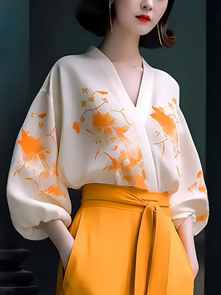 

Рубашка с v-образным вырезом и принтом, комплект из двух предметов, женские винтажные блузки, корейский топ, брюки с широкими штанинами, новая шикарная весенняя одежда ZT255