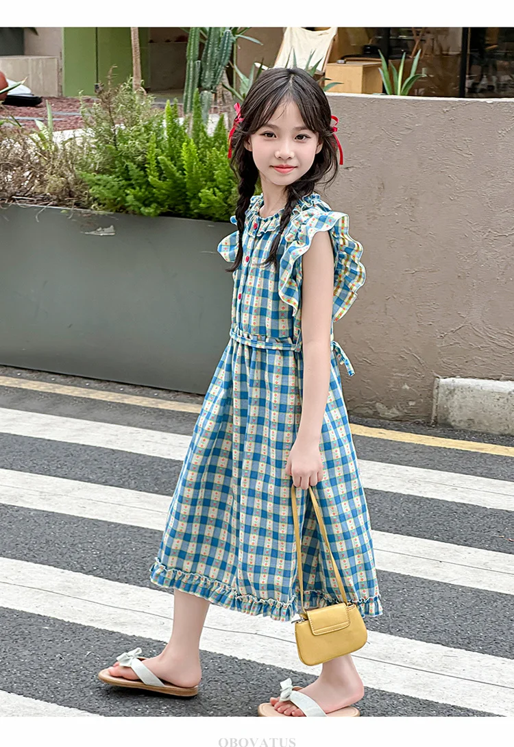 Preppy-Stil Kinder Babyblau Kariertes Kleid mit Blütenärmeln für Mädchen A-Linien-Schulkleider für Teenager Neue Sommerkleidung – Detail 10