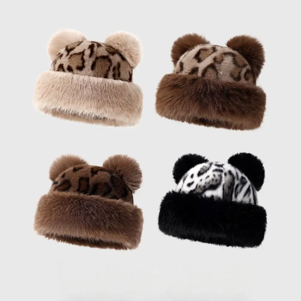 

Warm Cap Bear Ears Plush Hat Korean Style Brimless Leopard Print Bucket Hat Faux Fur Windproof Plush Mongolian Hat