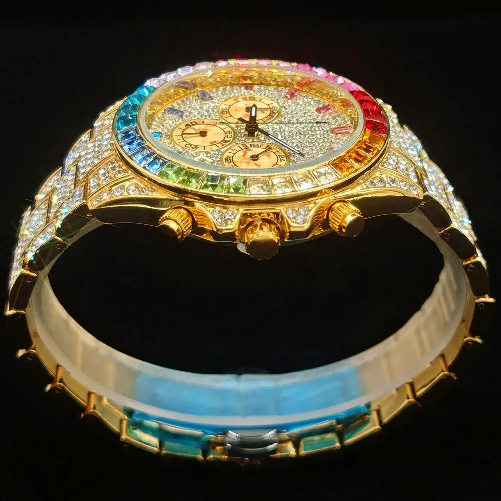 Hot Sell Fashion Gold Watch For Men Brand UNIGUET Hip Hop Rainbow Diamond shiny Jewelry Quartz Wristwatch Male Dropshipping - Image 6