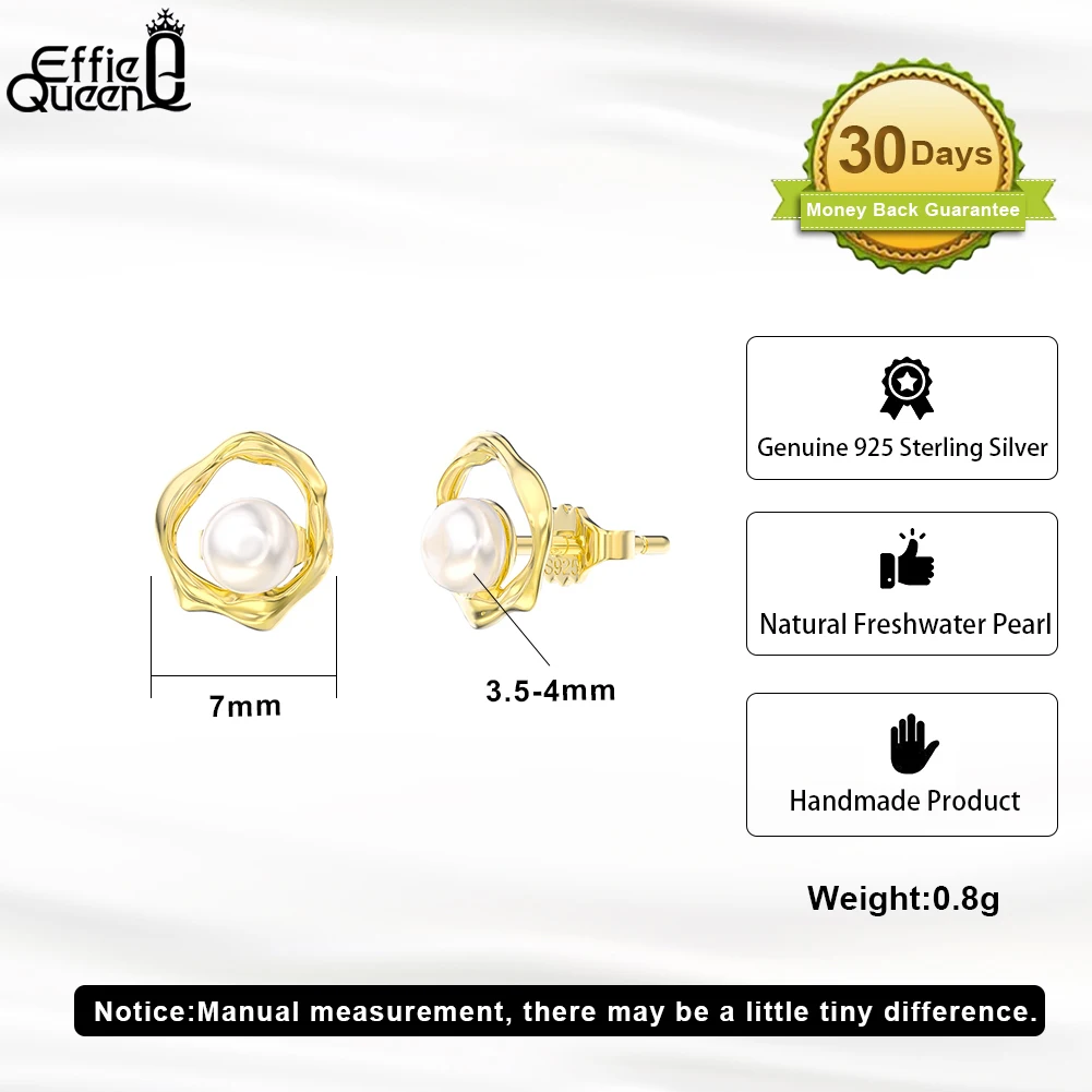 Effie Queen 925 스털링 실버 여성용 진주 귀걸이, 기하학적 디자인, 심플한 바로크 진주 스터드 귀걸이, 파티 쥬얼리, GPE74