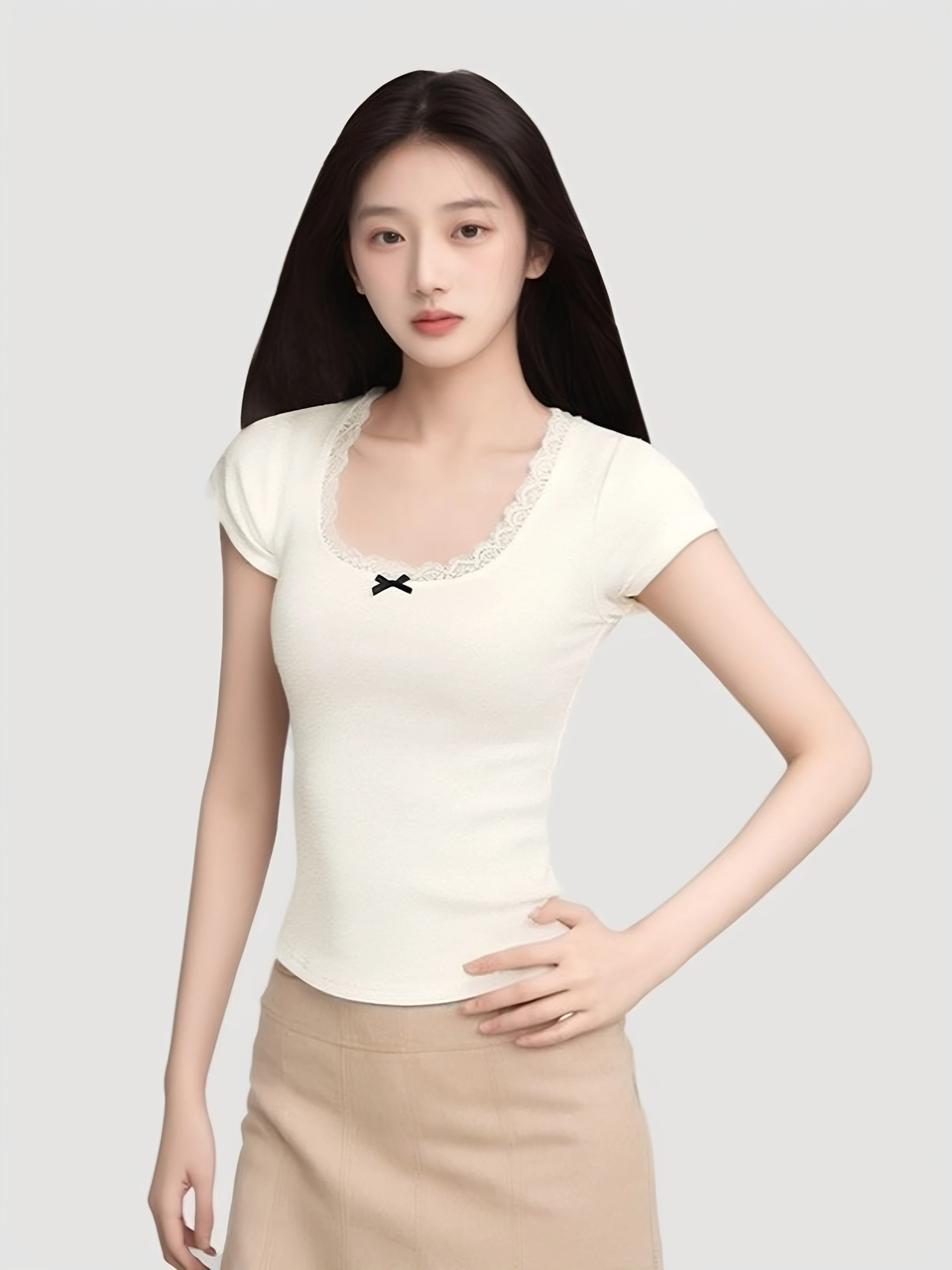 Summer Lace  Knot Short Sleeve T-Shirt Women's New Style plus Size Slim Fit Short Length Sexy Top Cotton Polyester B...