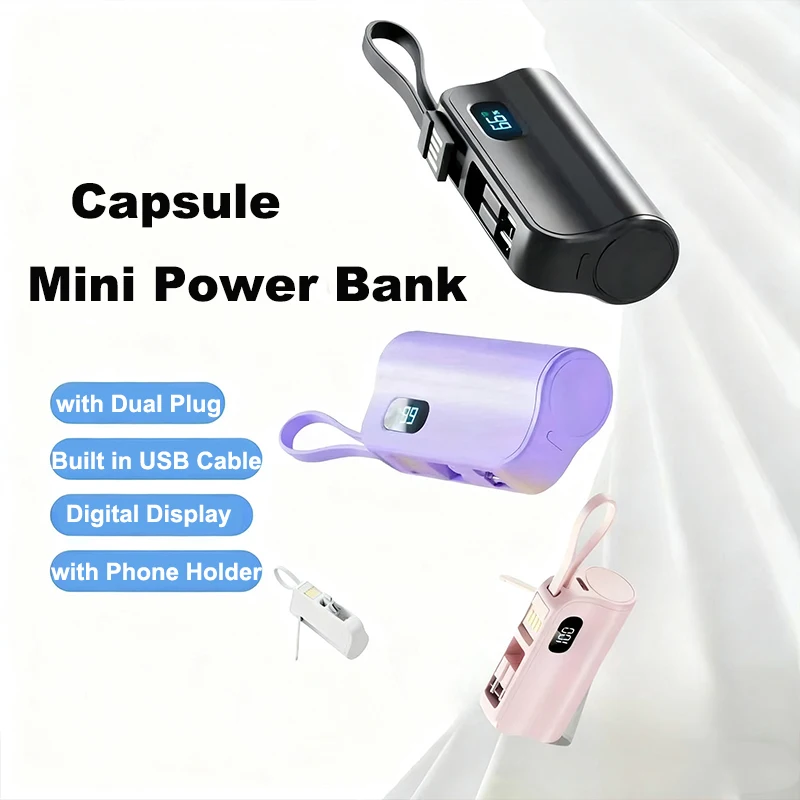 

Capsule Mini Power Bank 5000mAh Dual Plug Fast Charging Portable Charger for iPhone 17 Samsung Xiaomi External Battery Powerbank