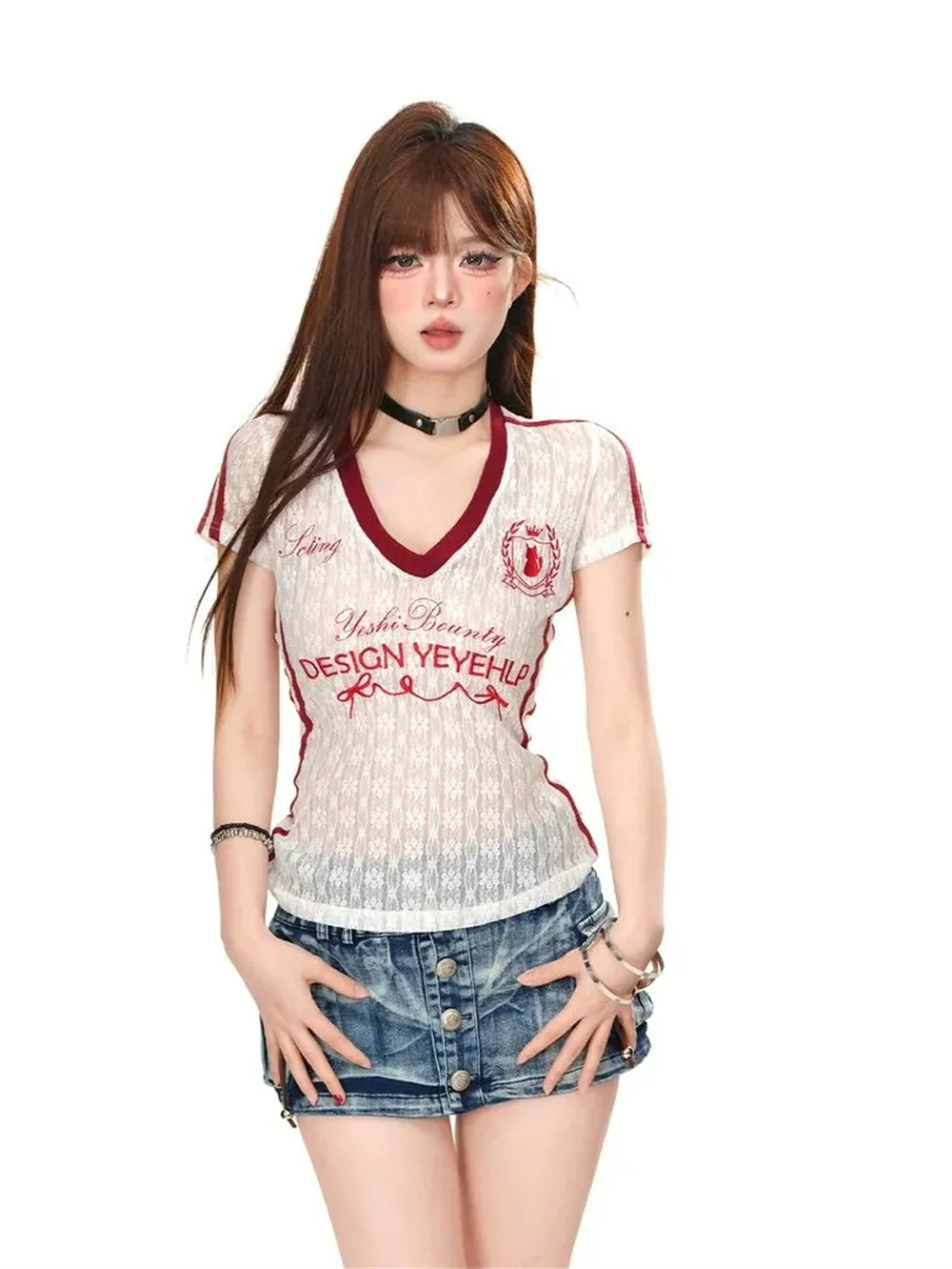 

Женская футболка с коротким рукавом, микро-кружевная вышивка, V-образный вырез, прозрачная, сексуальная, в стиле Y2K, эстетика Харадзюку, укороченный топ, уличная одежда, винтаж