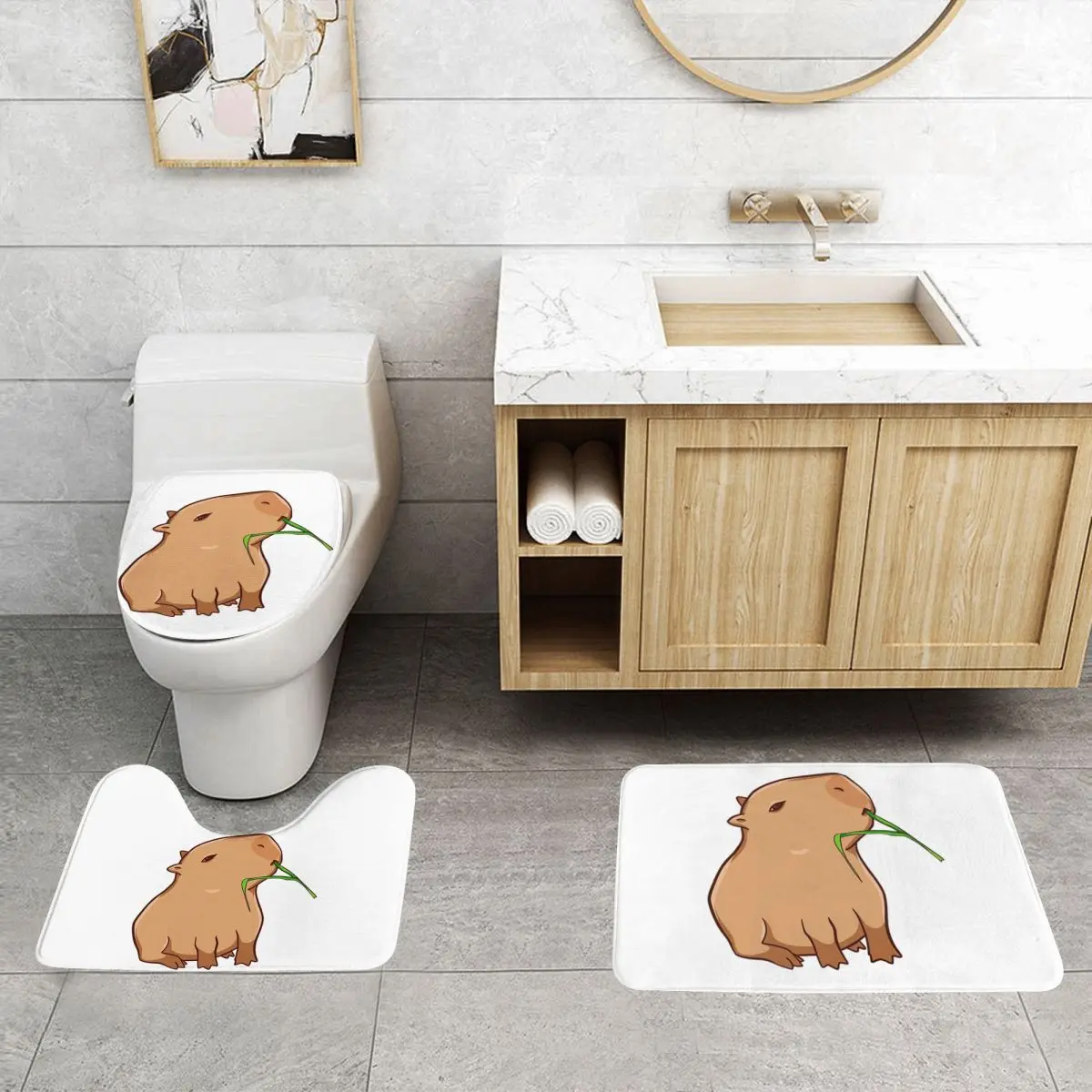 Capybara With A Leaf, Eat Your Greens 3 Pcs Bath Mat Bathroom Set Toilet Lid Cover Home Decor Non-Slip Carpet Floor Rug