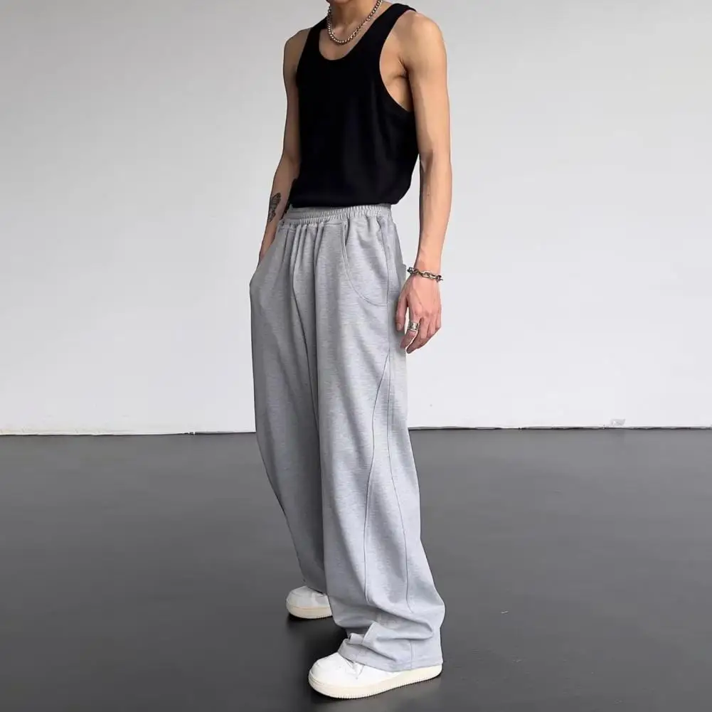 

Solid Color Loose Fit Men Trousers Vintage American Style Men's Elastic Waist Pants with Pockets Loose for Daily for Men