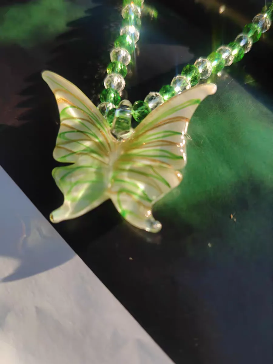 New Vintage Handmade Murano Lampwork Glass  Green Butterfly Liuli Pendant With Beads Chain  Necklace Jewelry
