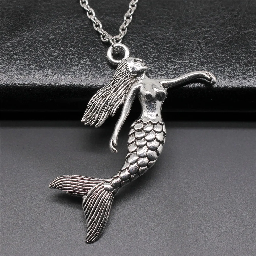 Vintage Fashion Antique Silver Color 50x57mm Mermaid Pendant Necklace For Women Men Long Chain Trendy Jewelry Accessories