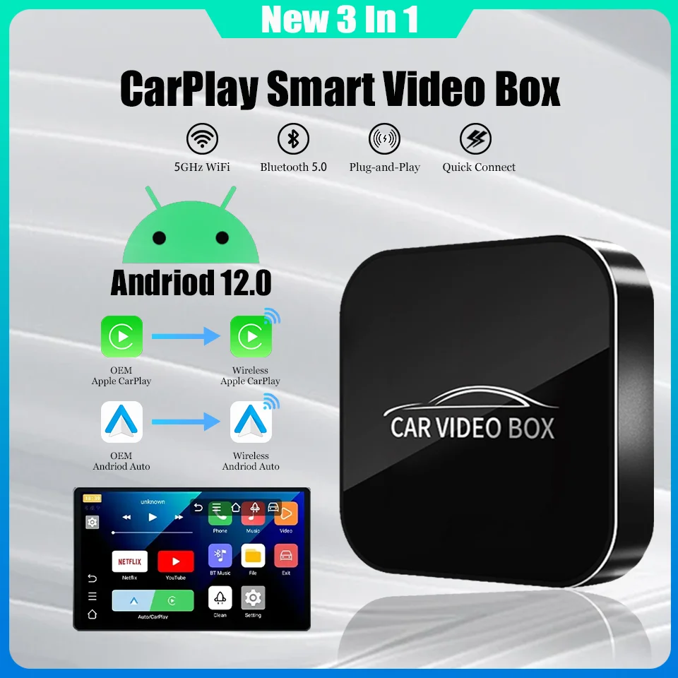 

New Mini Andriod 12.0 Video Box Wireless Android Auto Wireless Carplay 3-in-1 Smart Adapter Built-in Netflix YouTube Plug & Play