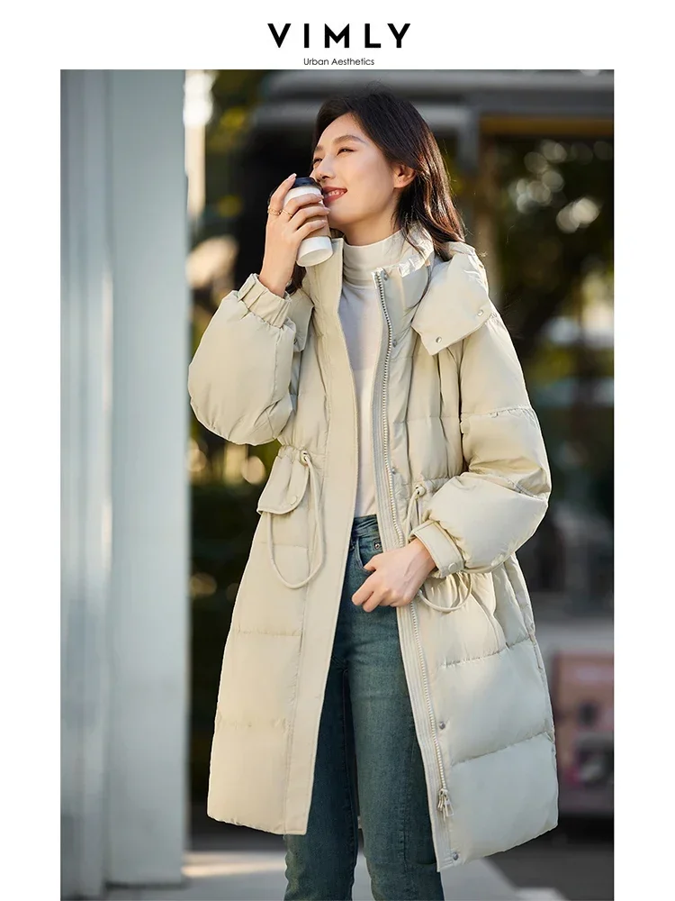 VIMLY Women\'s Commuter White Duck Down Jacket Thick Loose Outerwear Warm Lapel Hooded Overcoat Urban Casual Long Parka Coat
