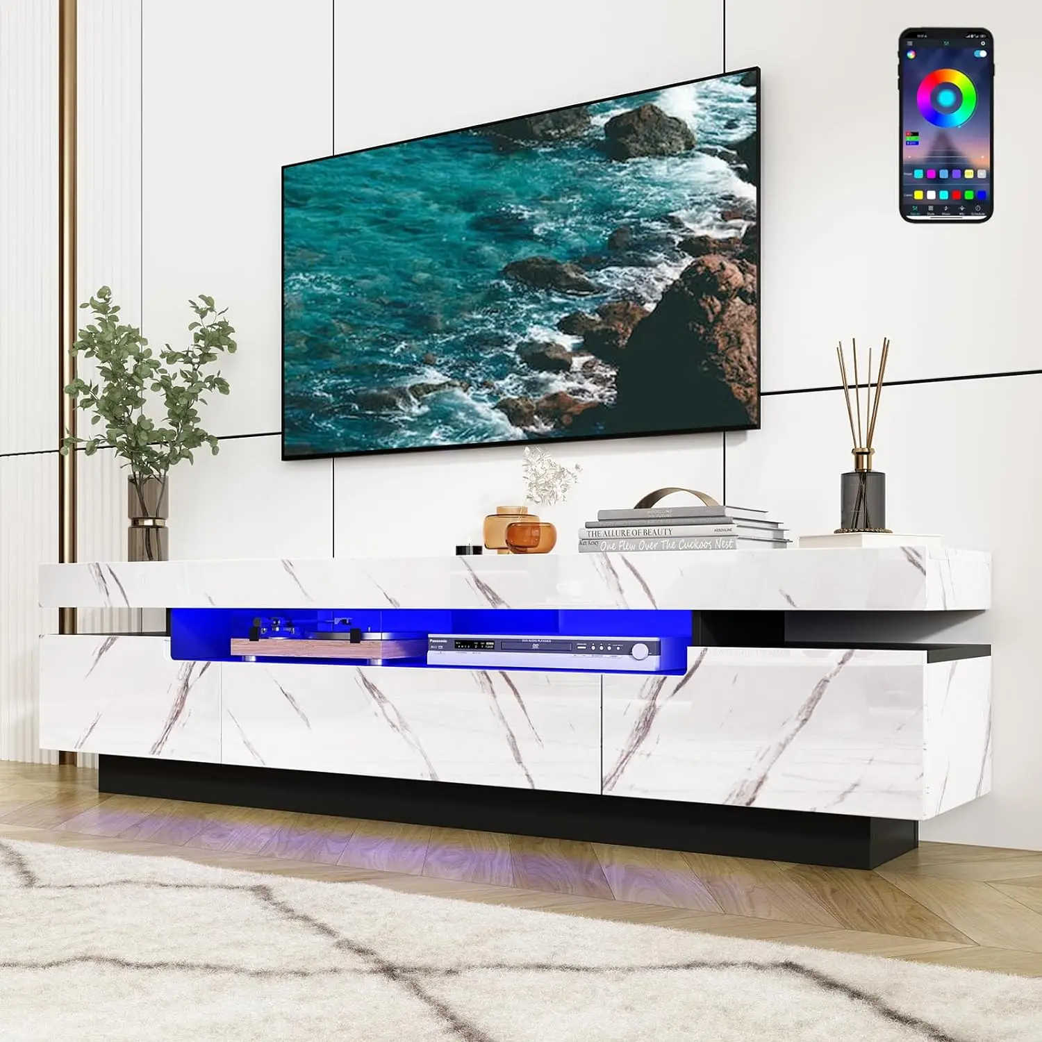 

70IN White TV Stand for 75/80 inch TV,Modern LED TV Stand ,High Gloss Entertainment Center with Storage Drawer,APP RGB Light