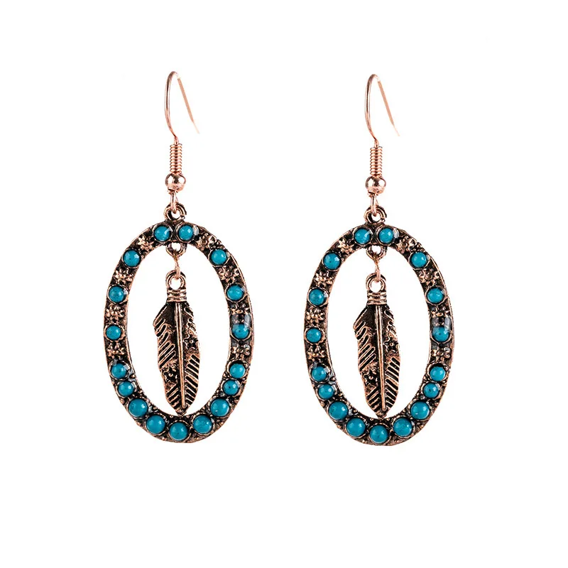 NEW Border Antique Silver Exaggerated Charm Mom Hollow Out Earrings With European Court Retro Blue Turquoise Feathers For Women