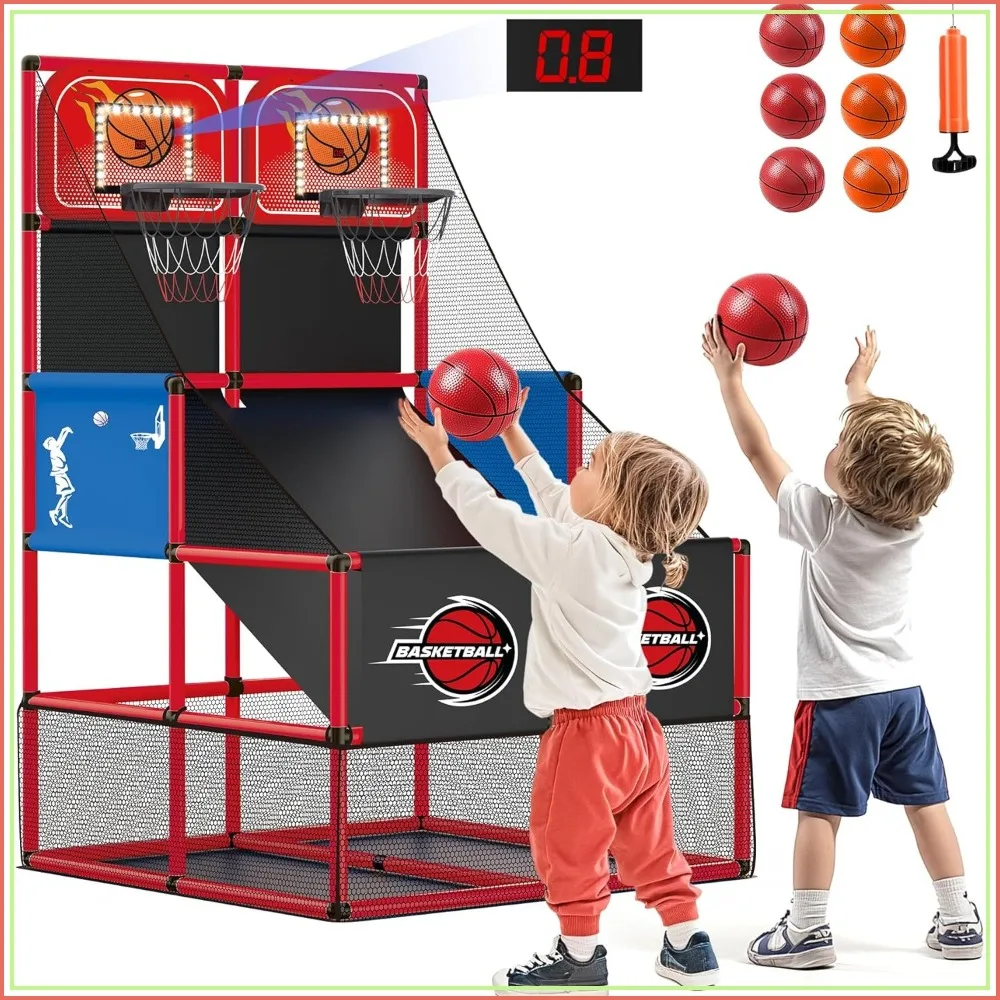 

Kids Double Basketball Hoop Arcade Game with 6 Balls, Electronic Scoreboard, LED Lights, Indoor Outdoor, Gift for 3-8 Year Old Boys Girls