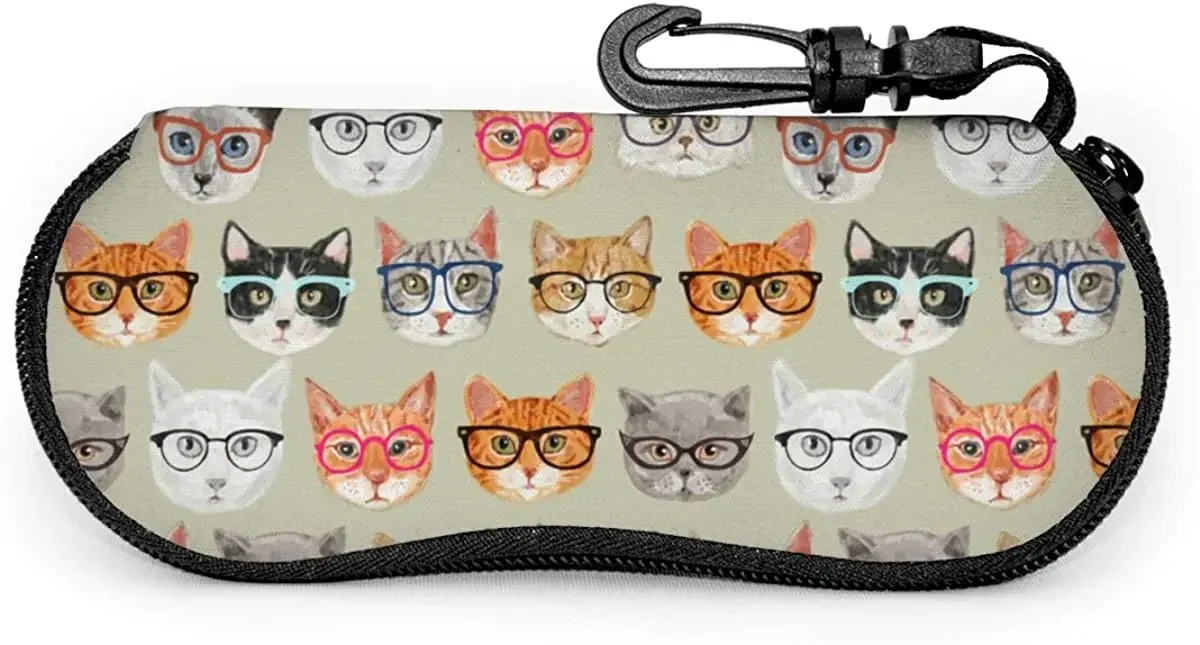 Cat With Glasses Sunglasses Soft Case with Belt Clip, Portable Glasses Case Neoprene Zipper Eyeglass Bag