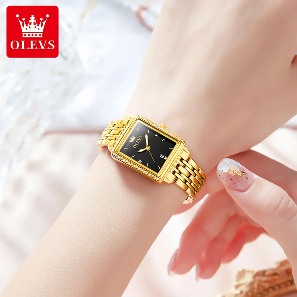 OLEVS-Relógio Quartzo Feminino com Bracelete de Aço, Simples e Elegante, Calendário Impermeável, Retangular, Brand, 9995