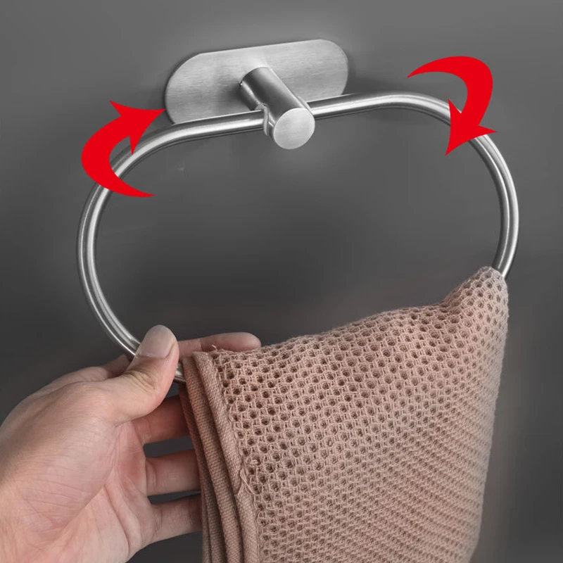 Stainless Steel Towel Holder Self-adhesive Bathroom Towels Rack Black Washhand Hanger Ring Rail Bar Kitchen Storage Accessories