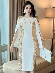 Fashion Sparkly Gold Sequin Evening Dress Women Ladies Clothing Elegant Commute Chic Slit Sleeve Midi Prom Robe Mujer Vestidos