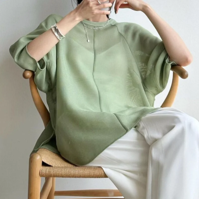 

WAKUTA Semi Transparent Mesh Loose Camisas Japanese Simple O Neck Blusas Mujer 2024 Summer Bubble Sleeve Fashion Women Tops