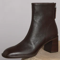 Plus size 34-41 women's sheepskin 6.5cm thick high heel square toe back zip autumn ankle boots elegant ladies dress short boots