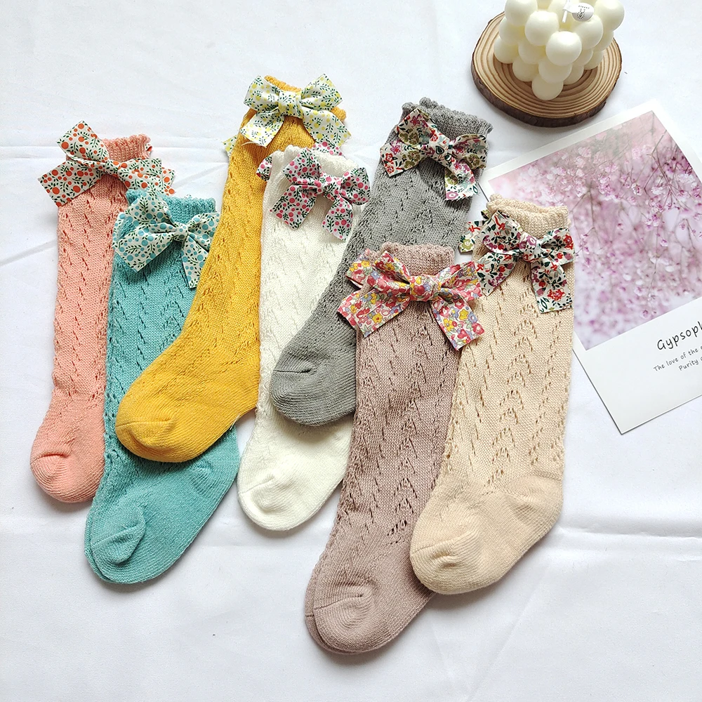 New Summer Children Socks For Girls Knitted Cotton Baby Long Tube Sock Knee High Toddler Princess Socks Flower Bows Infant Sock