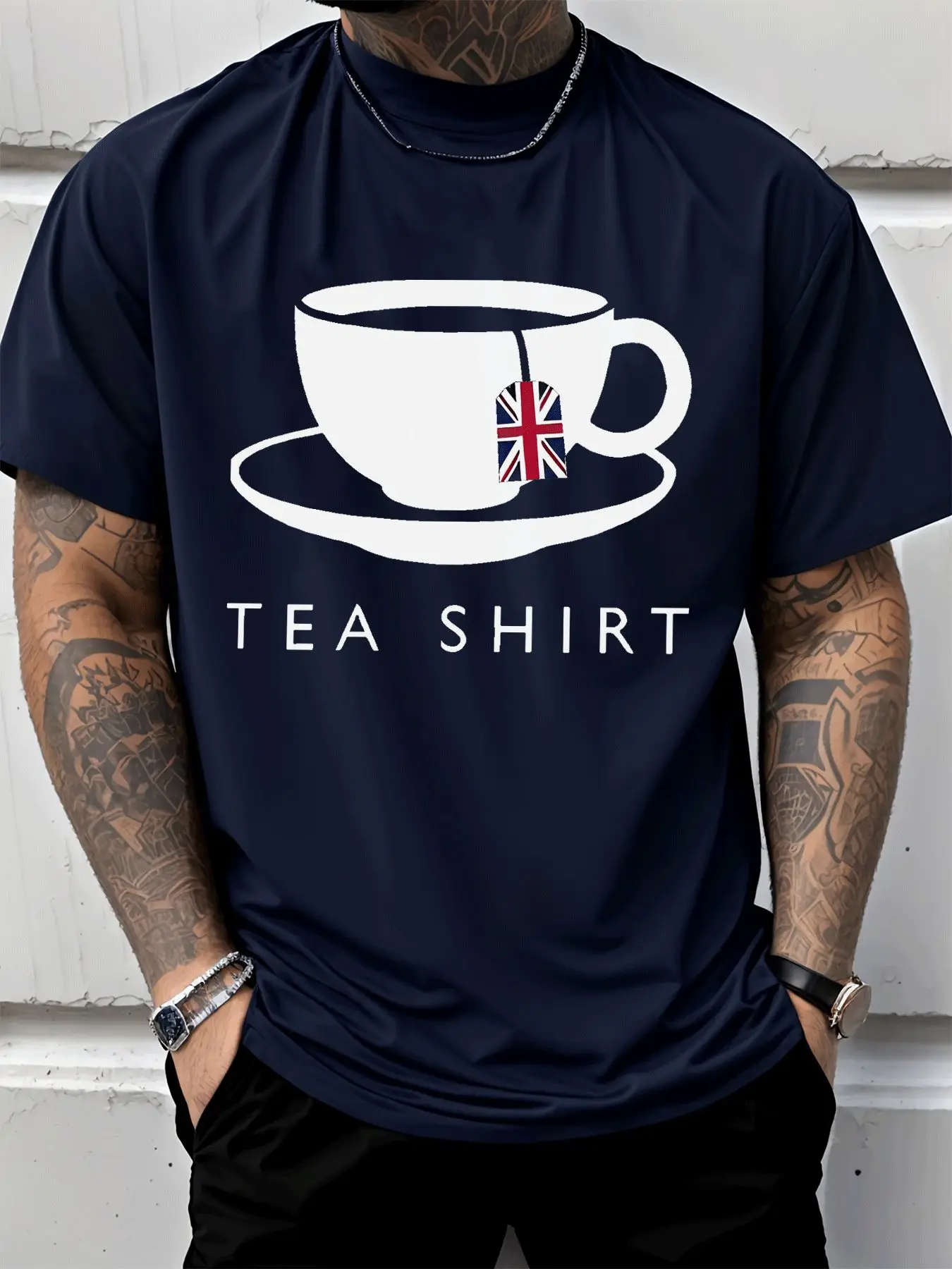 Men Funny Tea Pun Graphic Tee Union Jack Tea Cup Print Short Sleeve T Shirt Casual Crew Neck Top British Tea Lovers Daily Wear